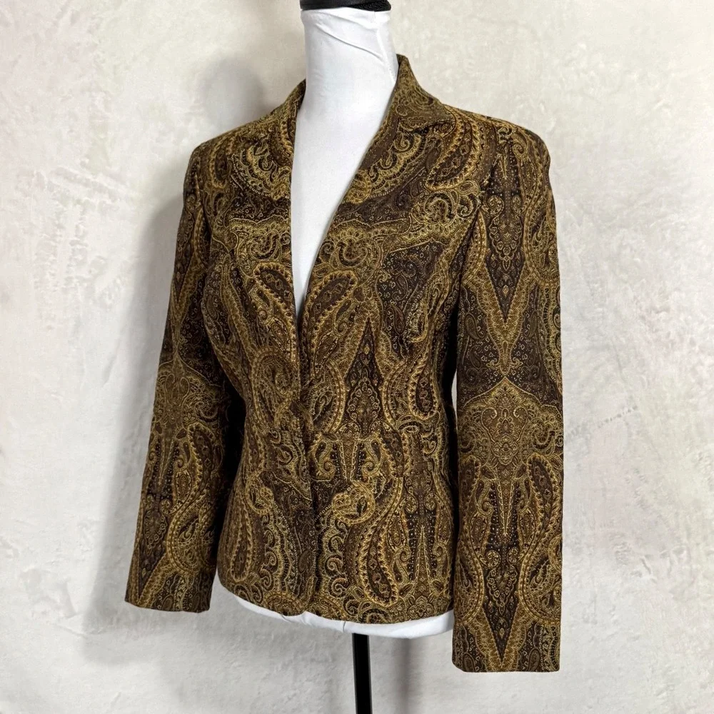 Vintage Paisley Tapestry Blazer Brown Gold Tailored Jacket 12 P Fits Sz Medium P
